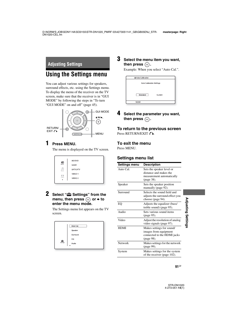 Adjusting settings, Using the settings menu | Sony STR-DN1020 User Manual | Page 91 / 132