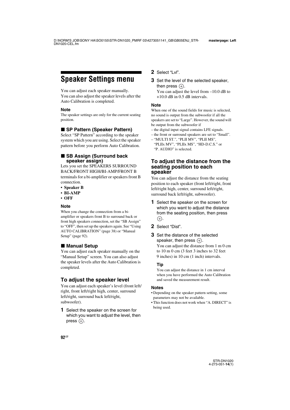 Speaker settings menu | Sony STR-DN1020 User Manual | Page 92 / 132