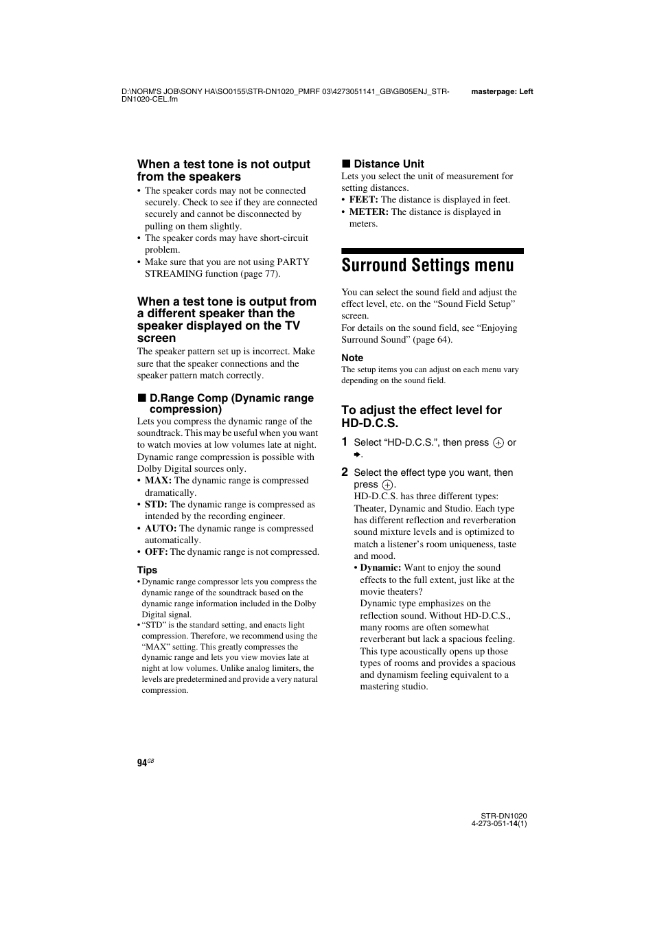 Surround settings menu | Sony STR-DN1020 User Manual | Page 94 / 132