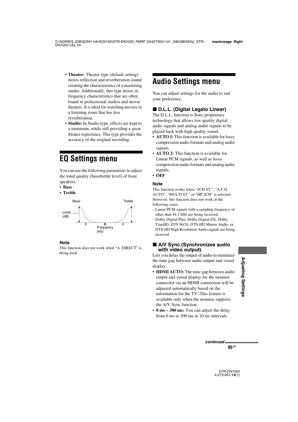 Eq settings menu, Audio settings menu, Eq settings menu audio settings menu | Sony STR-DN1020 User Manual | Page 95 / 132