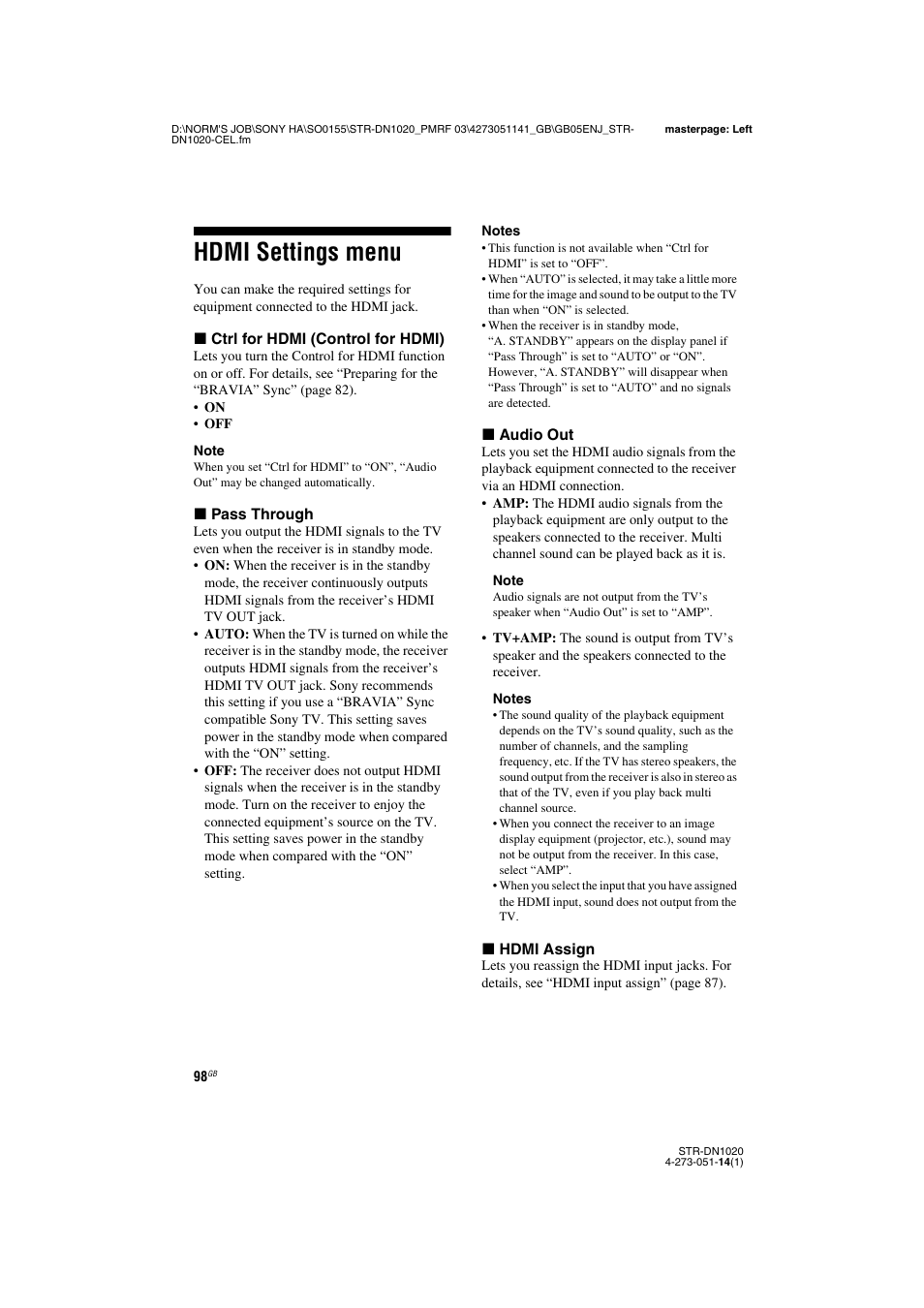 Hdmi settings menu | Sony STR-DN1020 User Manual | Page 98 / 132