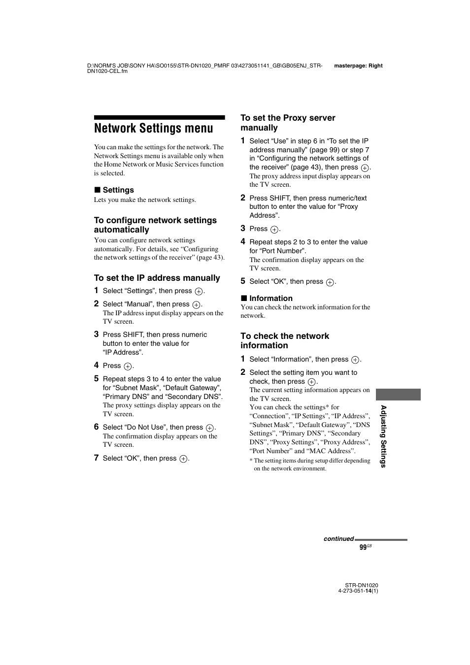 Network settings menu, E “to set the ip address manually | Sony STR-DN1020 User Manual | Page 99 / 132