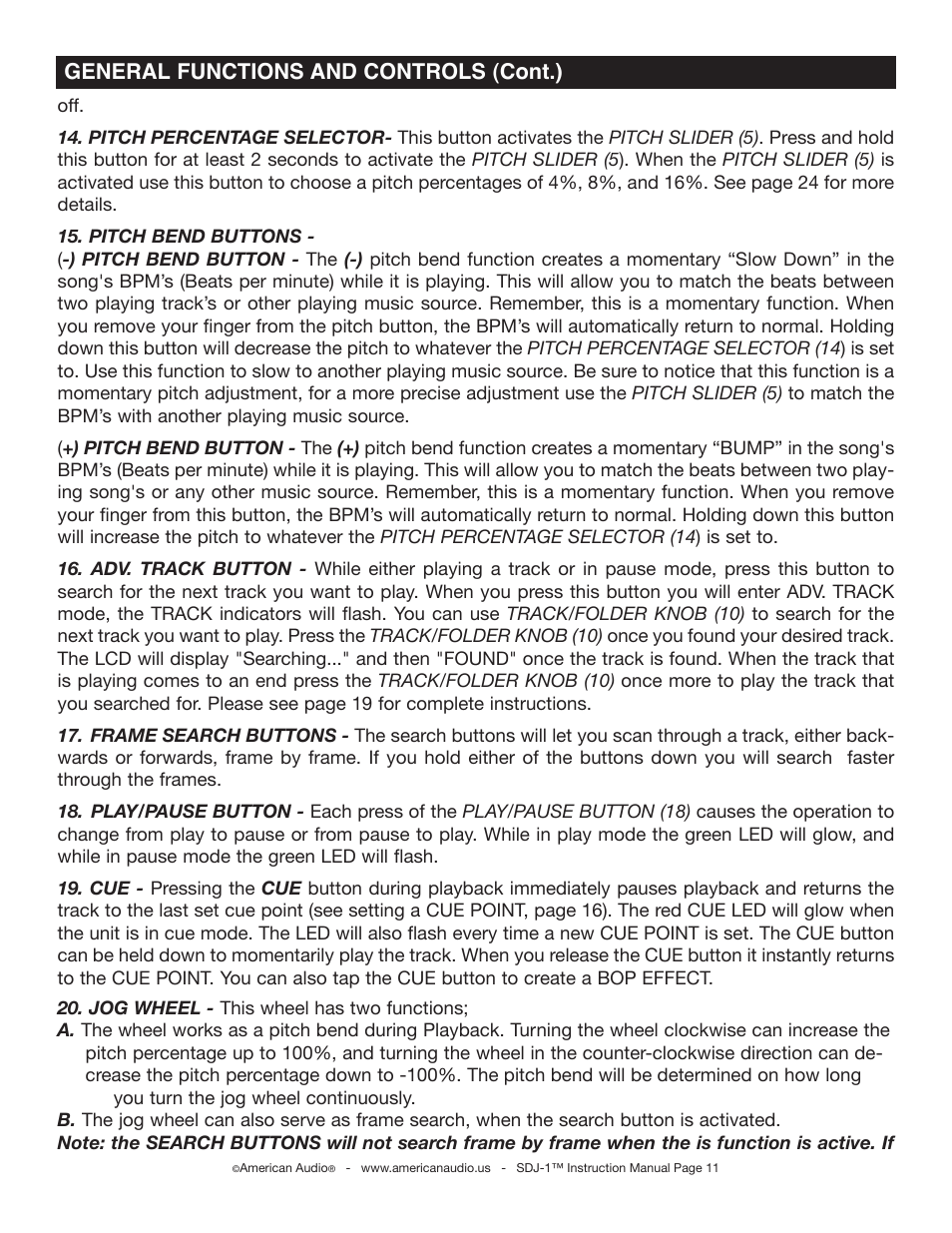 General functions and controls (cont.) | American Audio SDJ-1 User Manual | Page 11 / 30