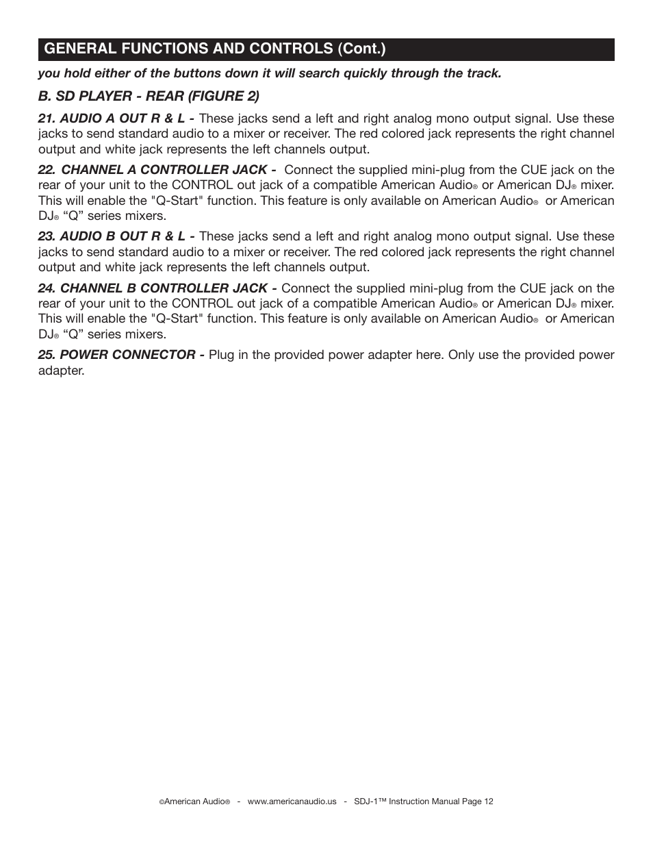 General functions and controls (cont.), B. sd player - rear (figure 2) | American Audio SDJ-1 User Manual | Page 12 / 30