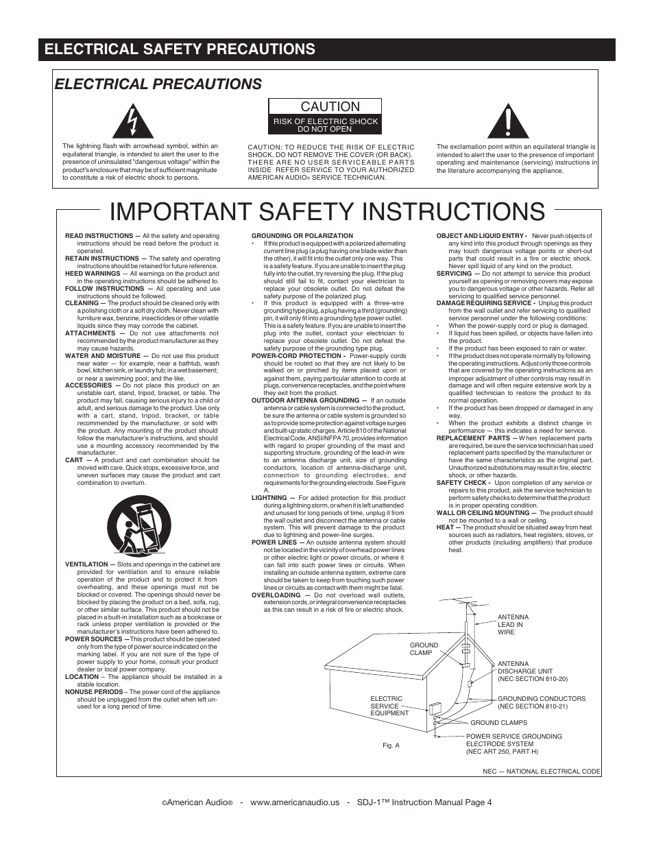 Important safety instructions, Electrical precautions, Electrical safety precautions | Caution | American Audio SDJ-1 User Manual | Page 4 / 30