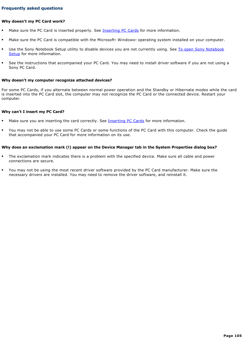 Frequently asked questions | Sony PCG-V505DC2 User Manual | Page 105 / 152