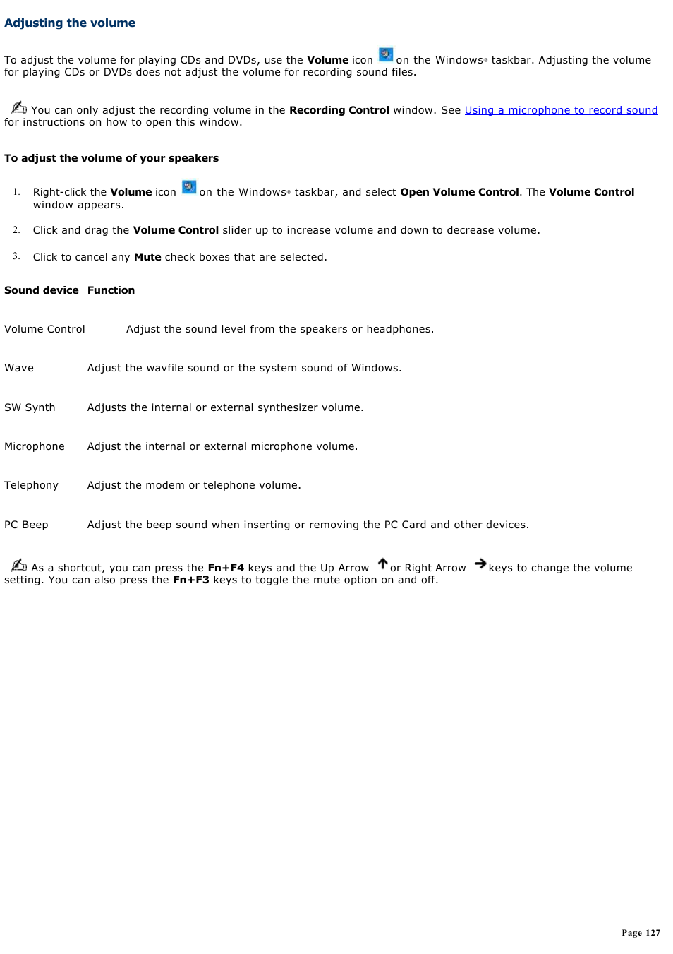 Adjusting the volume | Sony PCG-V505DC2 User Manual | Page 127 / 152