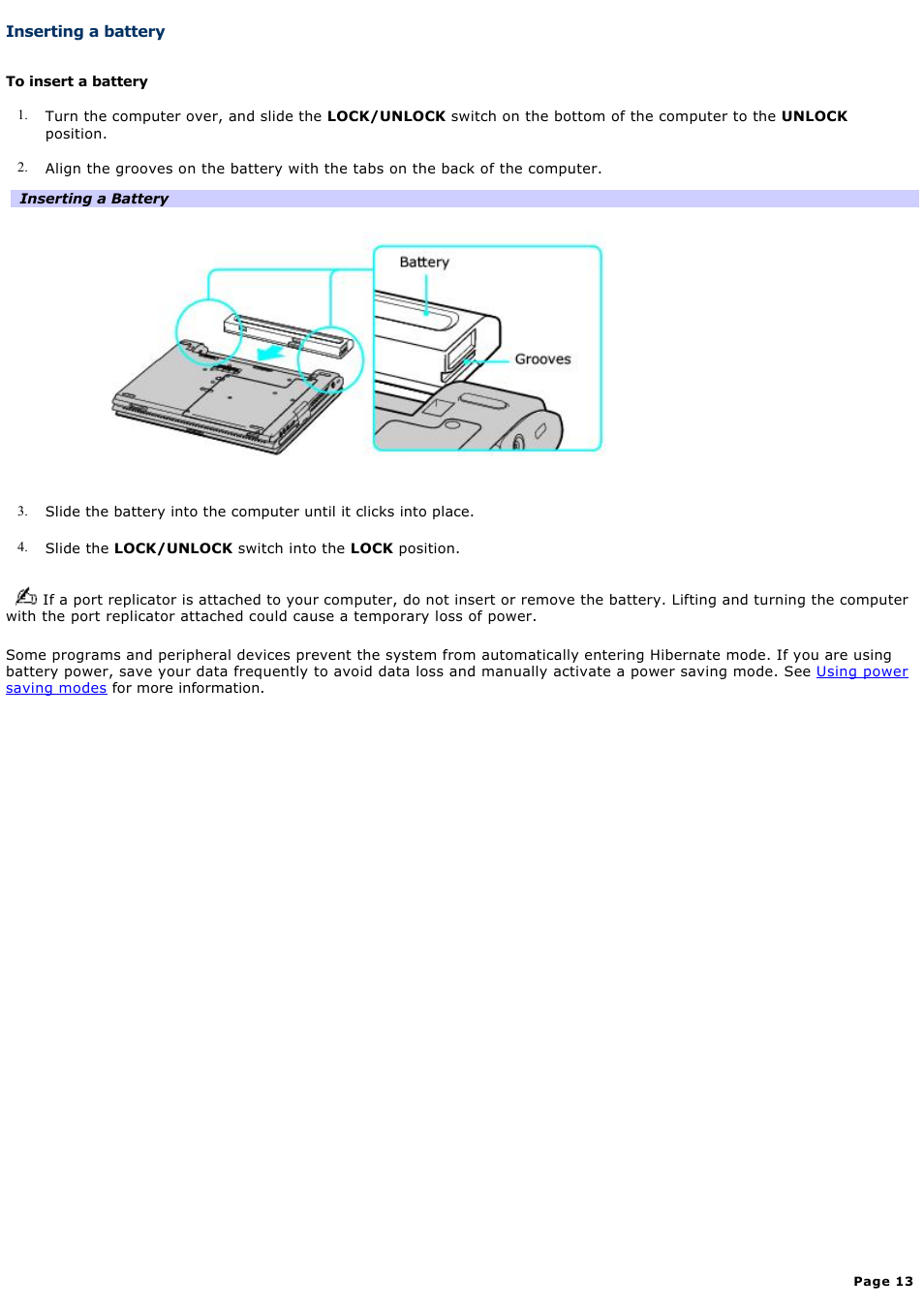 Inserting a battery | Sony PCG-V505DC2 User Manual | Page 13 / 152