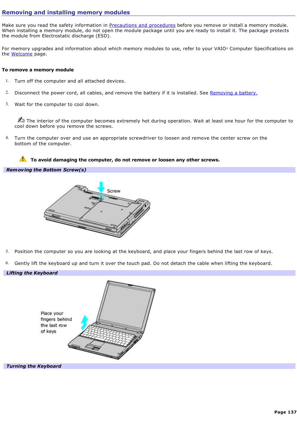 Removing and installing memory modules | Sony PCG-V505DC2 User Manual | Page 137 / 152