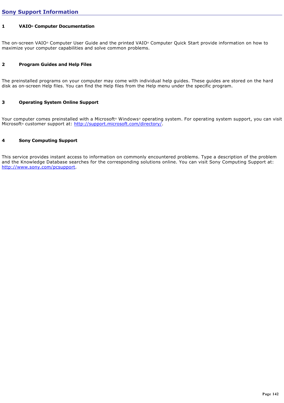 Sony support information | Sony PCG-V505DC2 User Manual | Page 142 / 152