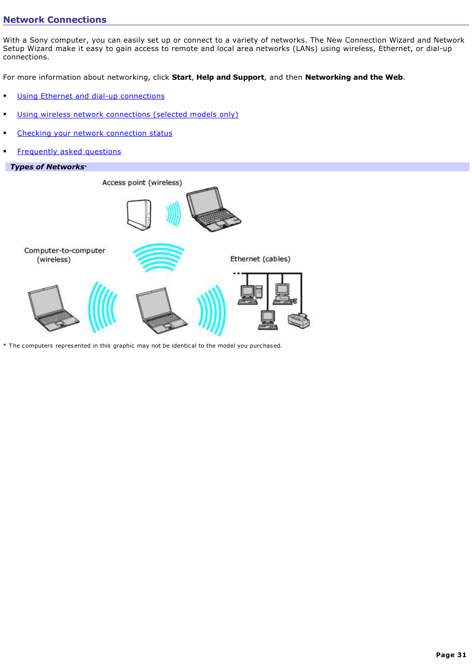 Network connections | Sony PCG-V505DC2 User Manual | Page 31 / 152