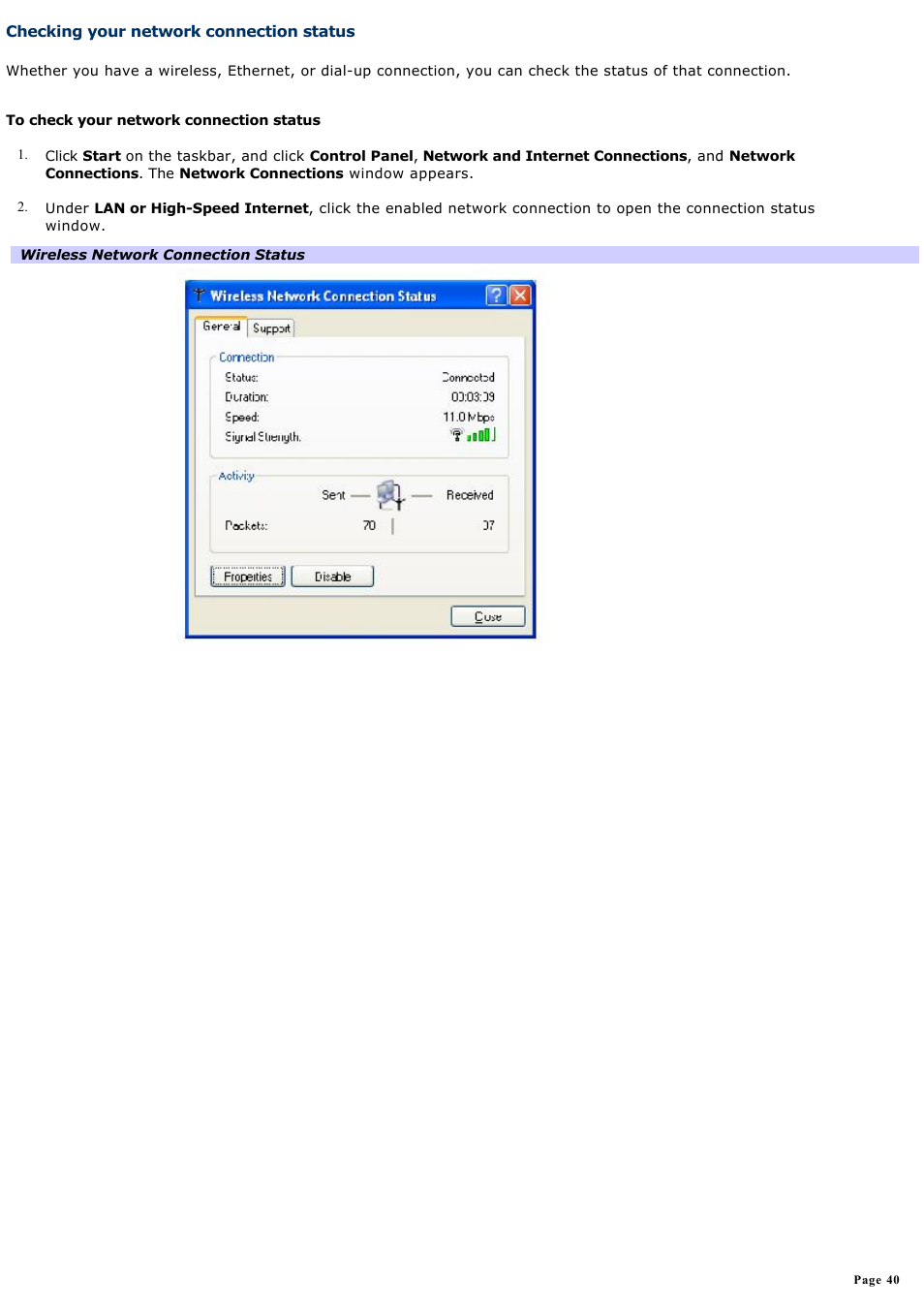 Checking your network connection status | Sony PCG-V505DC2 User Manual | Page 40 / 152