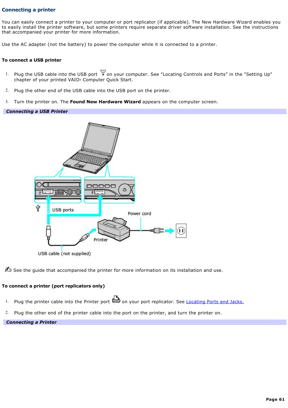 Connecting a printer | Sony PCG-V505DC2 User Manual | Page 61 / 152