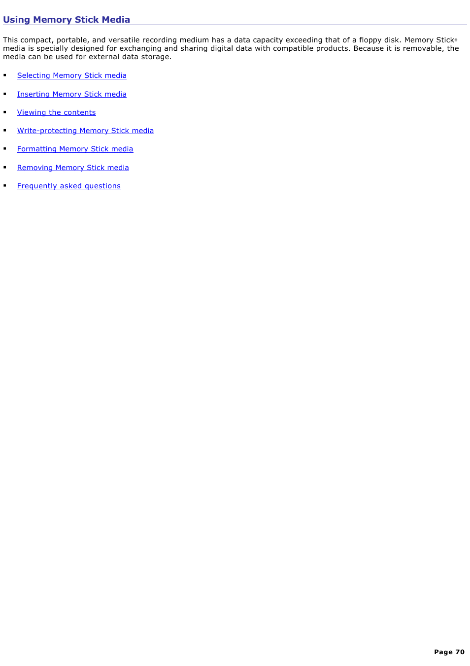 Using memory stick media | Sony PCG-V505DC2 User Manual | Page 70 / 152
