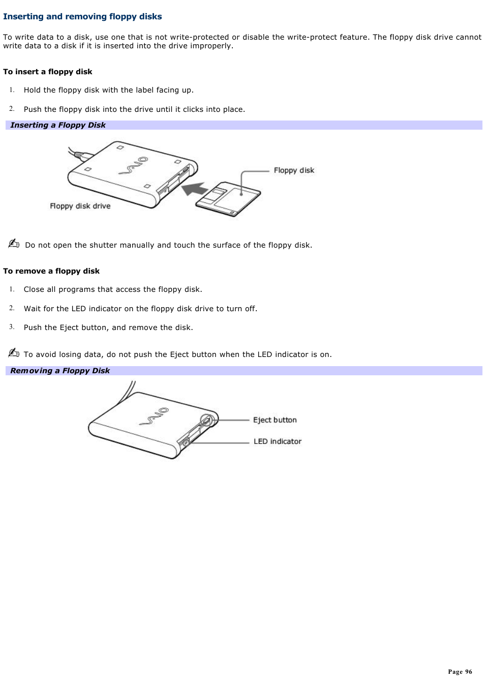 Inserting and removing floppy disks | Sony PCG-V505DC2 User Manual | Page 96 / 152