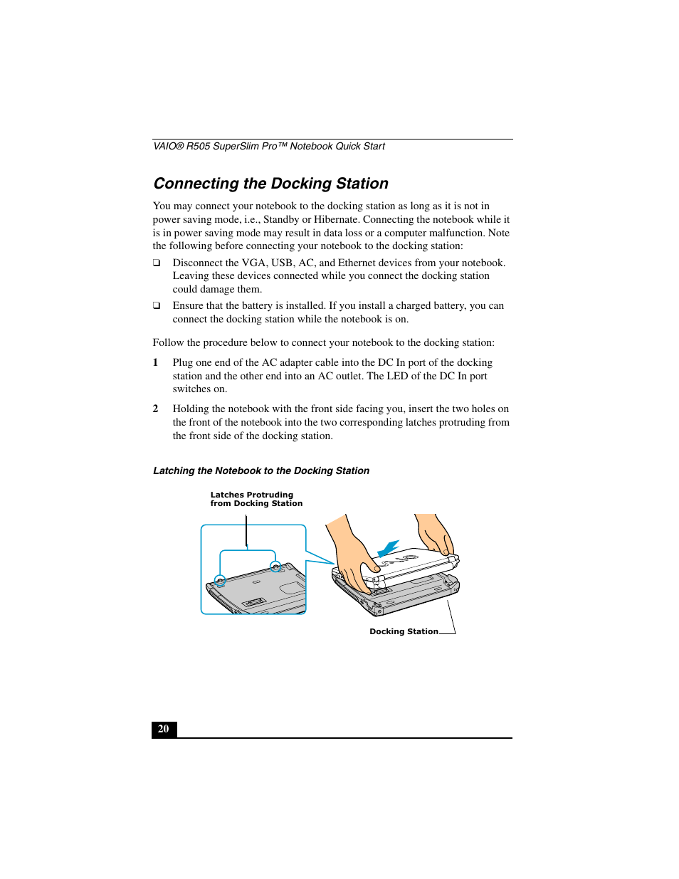 Connecting the docking station | Sony PCG-R505JL User Manual | Page 20 / 86