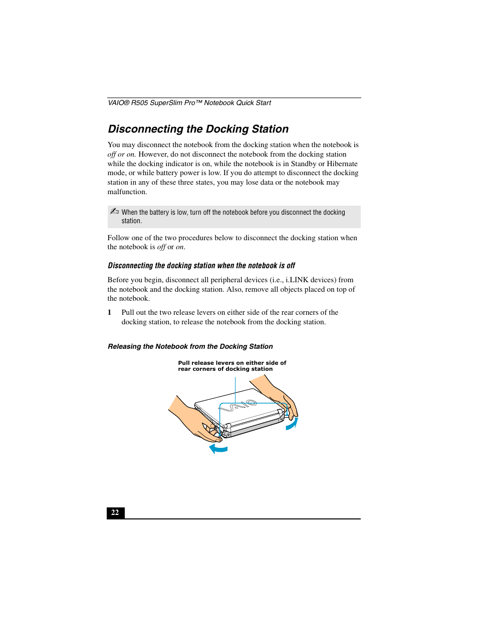 Disconnecting the docking station | Sony PCG-R505JL User Manual | Page 22 / 86