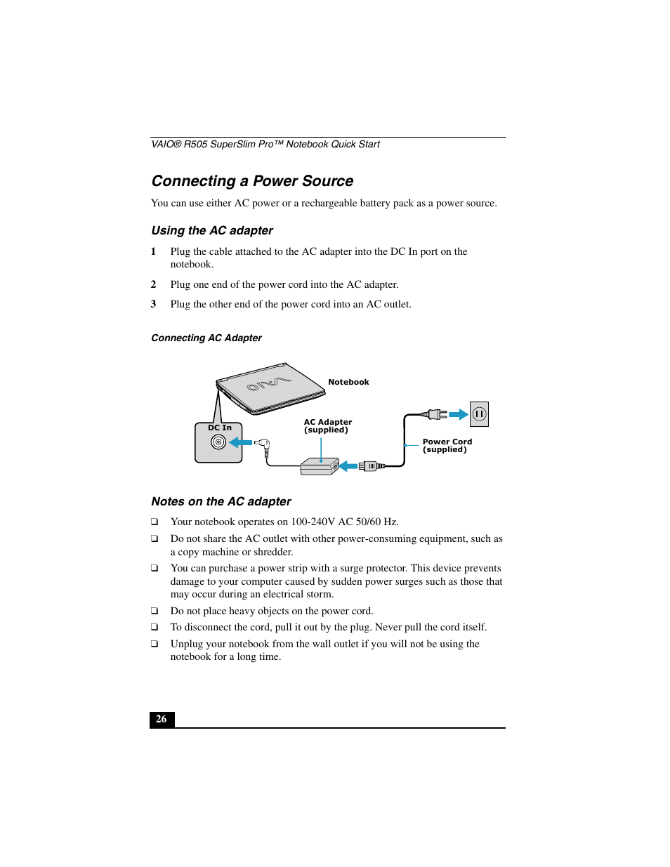 Connecting a power source, Using the ac adapter, Notes on the ac adapter | Sony PCG-R505JL User Manual | Page 26 / 86