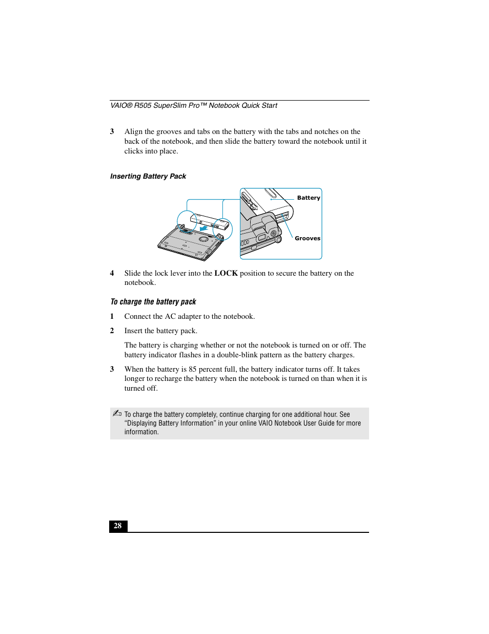 To charge the battery pack | Sony PCG-R505JL User Manual | Page 28 / 86