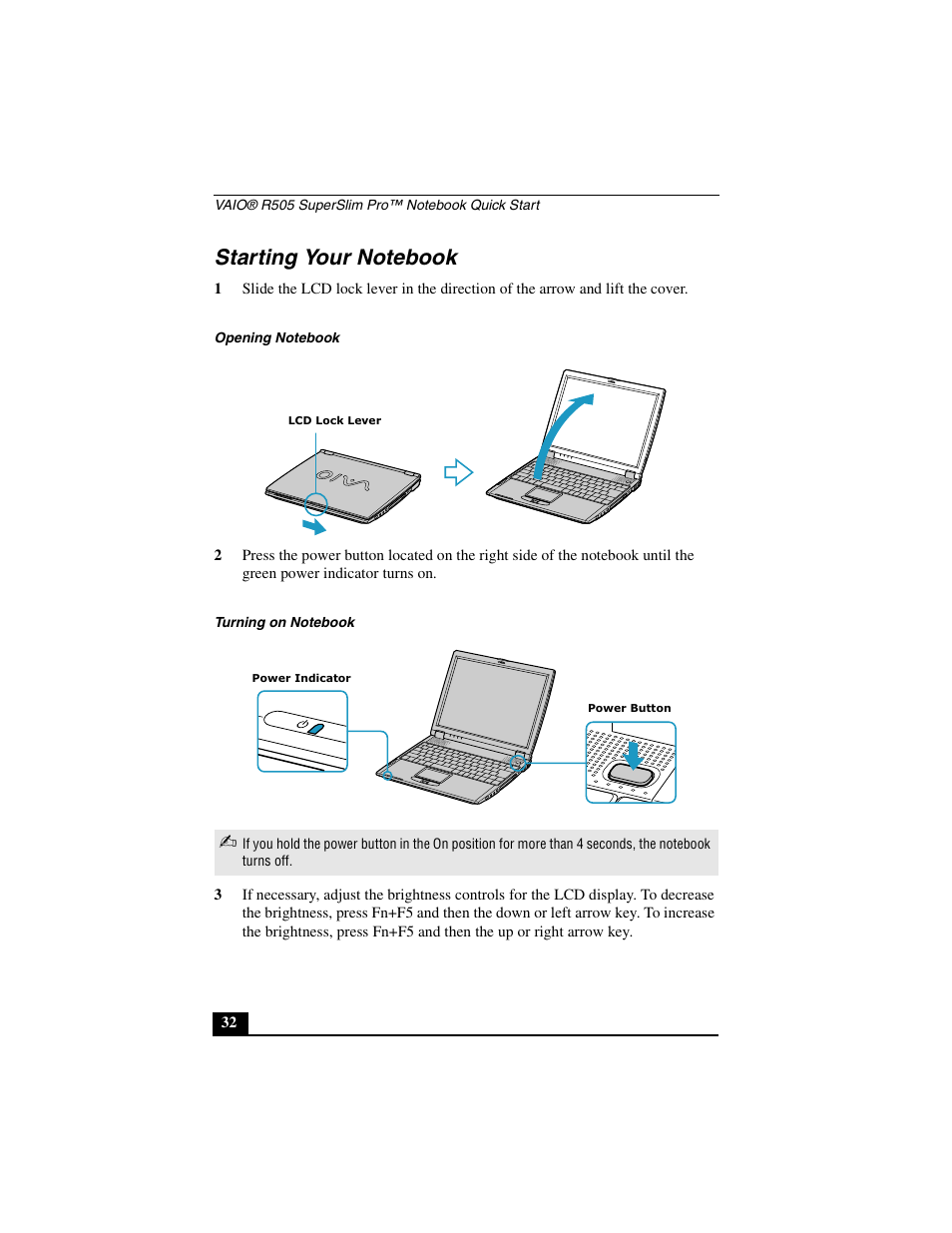 Starting your notebook | Sony PCG-R505JL User Manual | Page 32 / 86