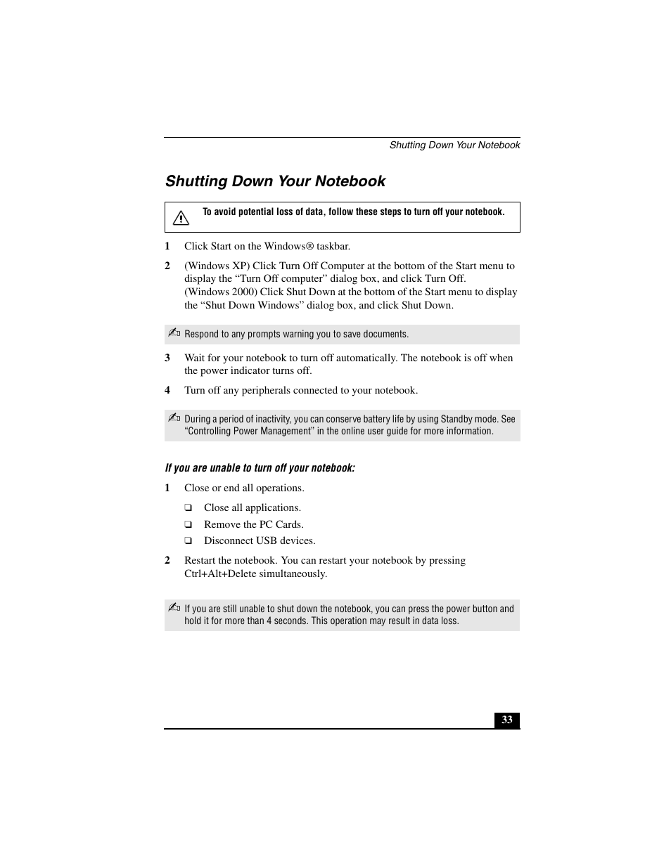 Shutting down your notebook, If you are unable to turn off your notebook | Sony PCG-R505JL User Manual | Page 33 / 86