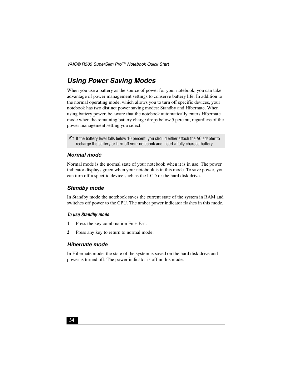 Using power saving modes, Normal mode, Standby mode | To use standby mode, Hibernate mode | Sony PCG-R505JL User Manual | Page 34 / 86