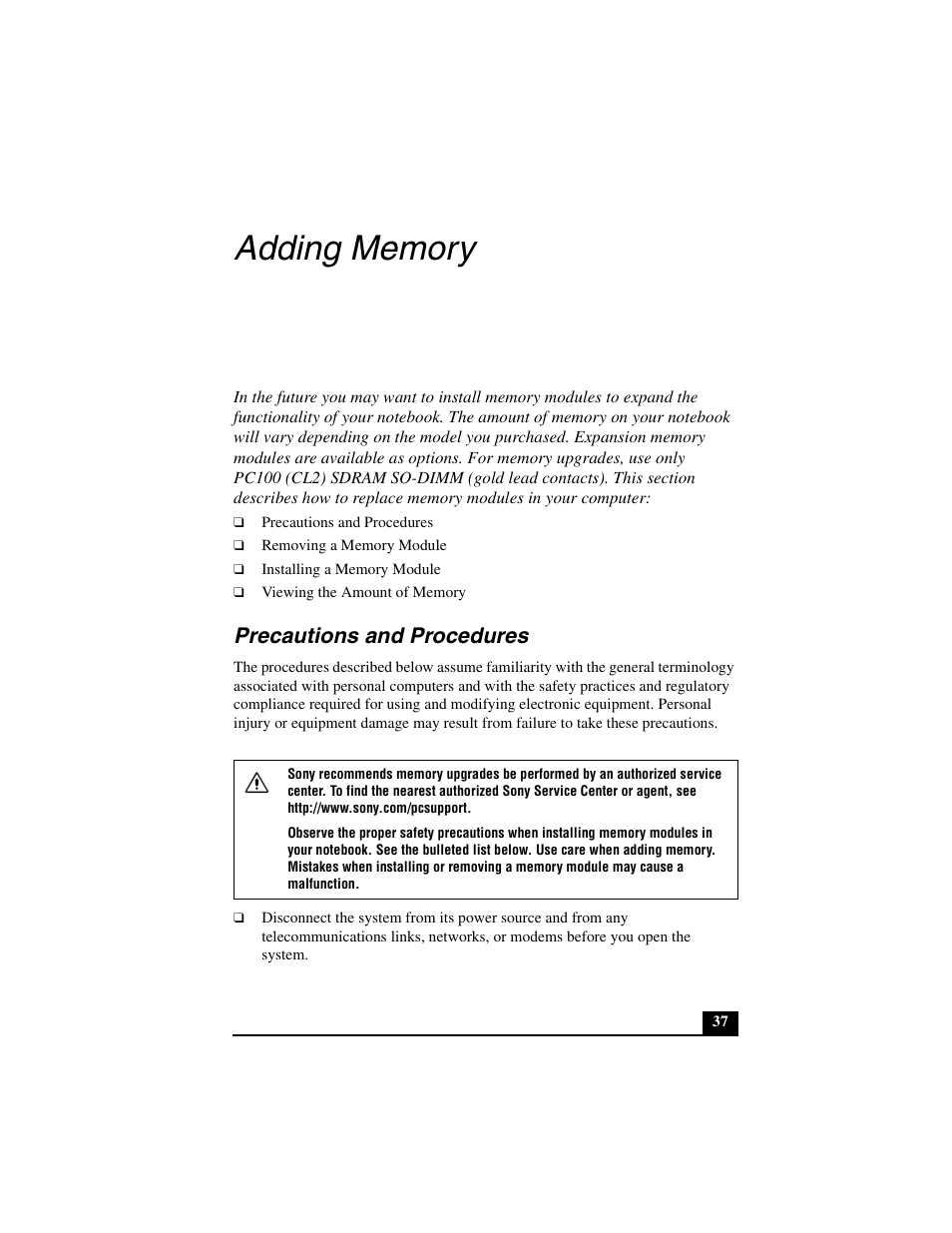 Precautions and procedures, Adding memory | Sony PCG-R505JL User Manual | Page 37 / 86