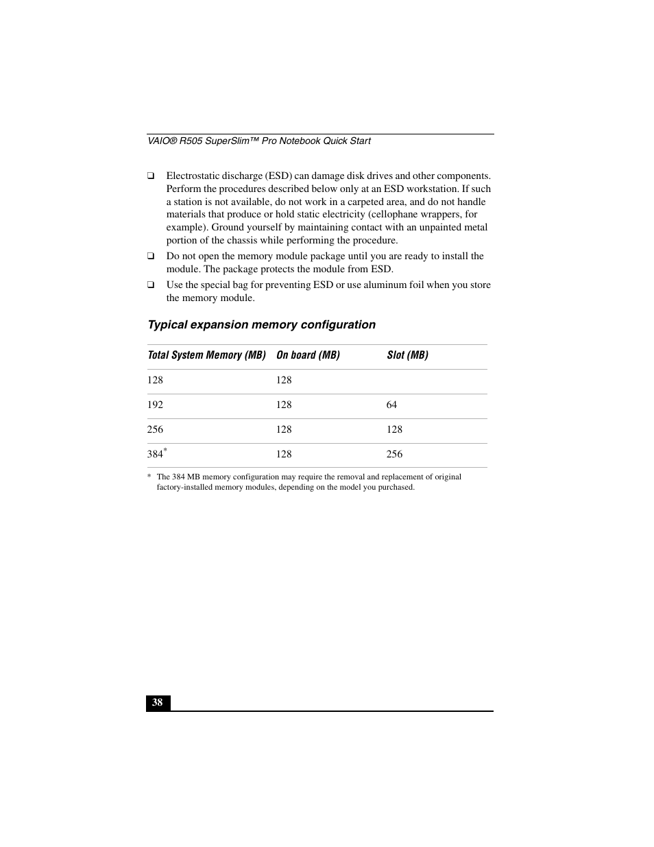 Typical expansion memory configuration | Sony PCG-R505JL User Manual | Page 38 / 86