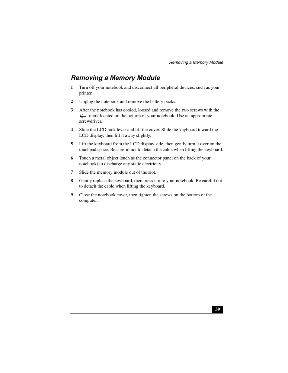 Removing a memory module | Sony PCG-R505JL User Manual | Page 39 / 86