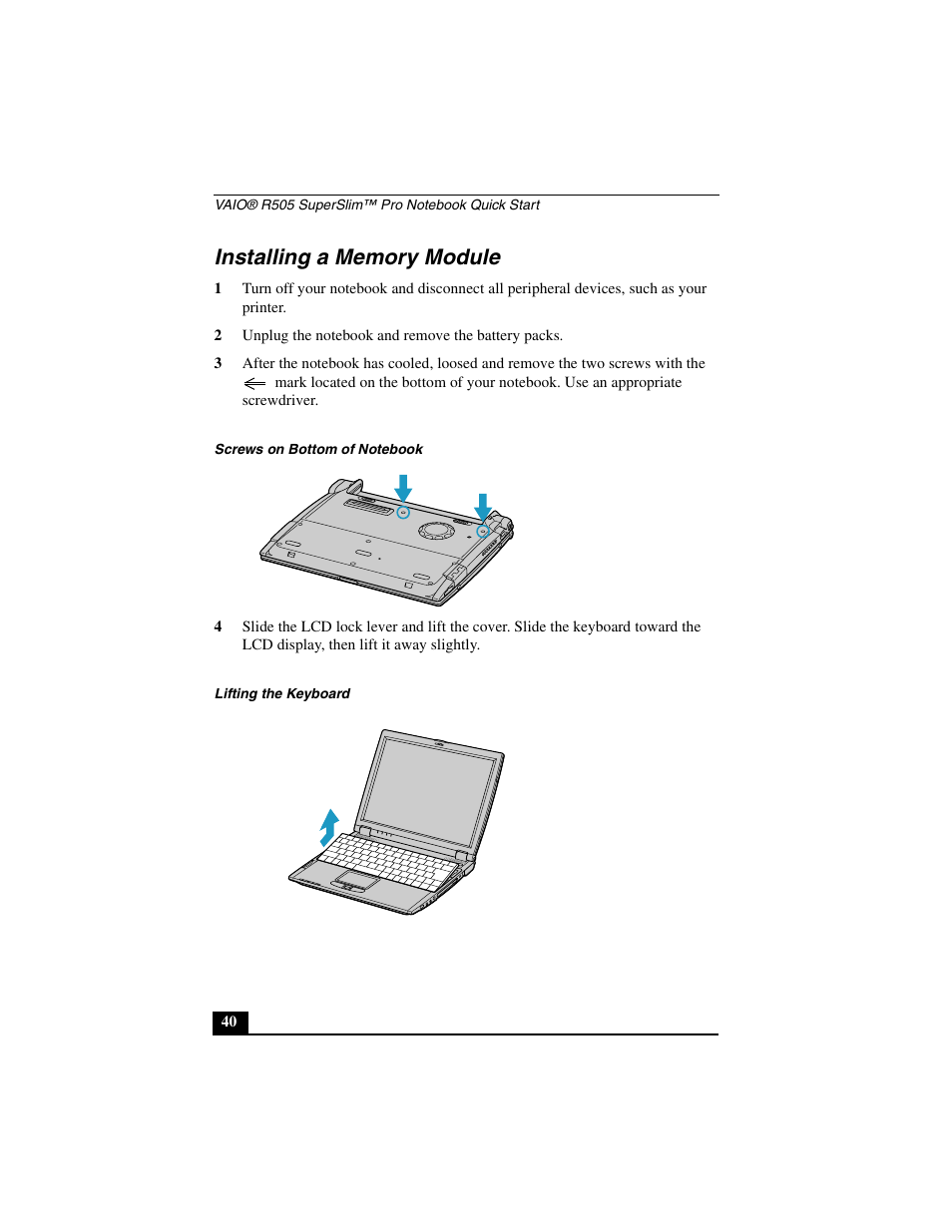 Installing a memory module | Sony PCG-R505JL User Manual | Page 40 / 86