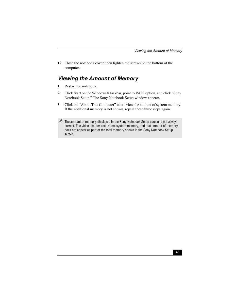 Viewing the amount of memory | Sony PCG-R505JL User Manual | Page 43 / 86