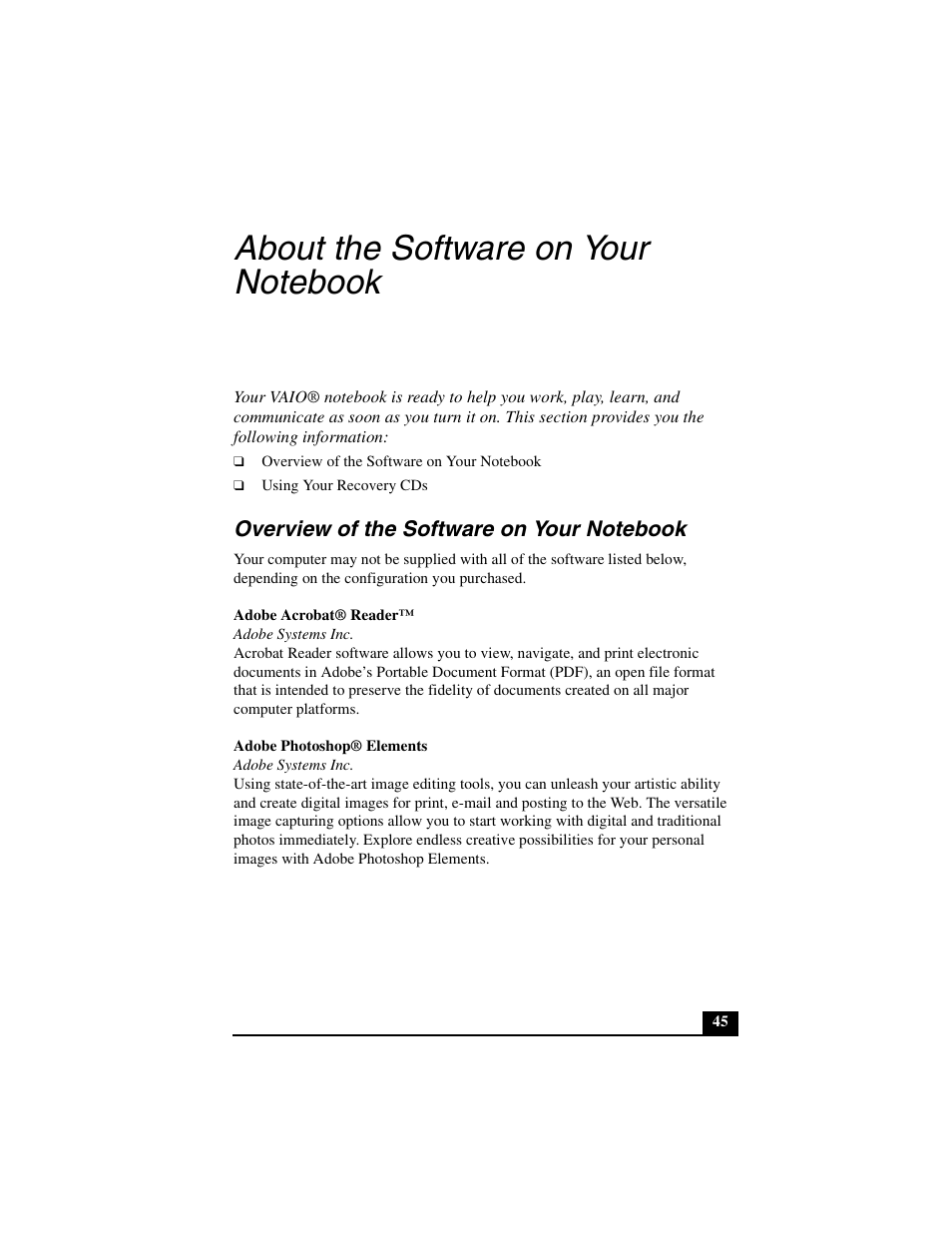 Overview of the software on your notebook, About the software on your notebook | Sony PCG-R505JL User Manual | Page 45 / 86