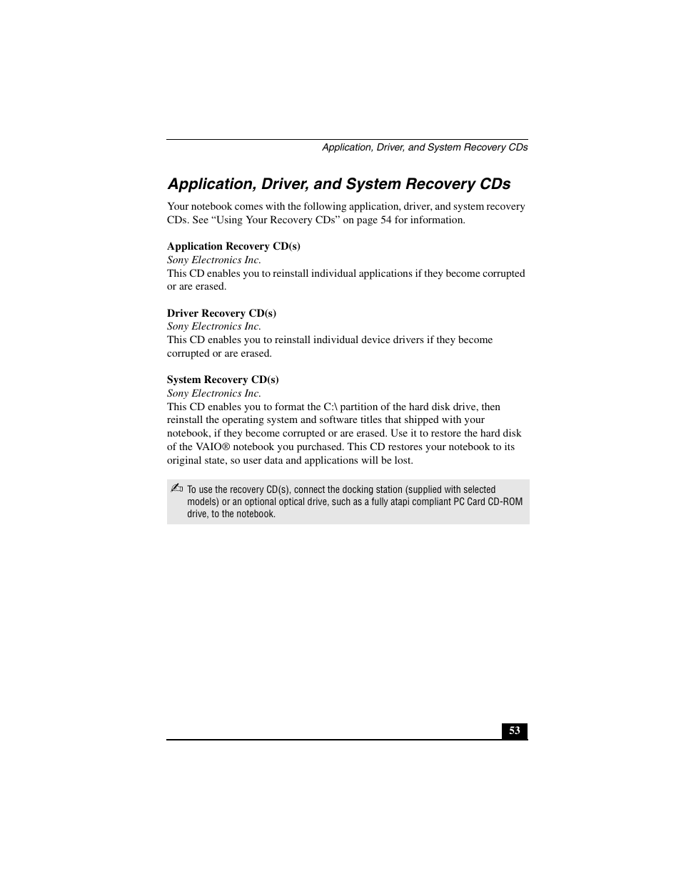 Application, driver, and system recovery cds | Sony PCG-R505JL User Manual | Page 53 / 86