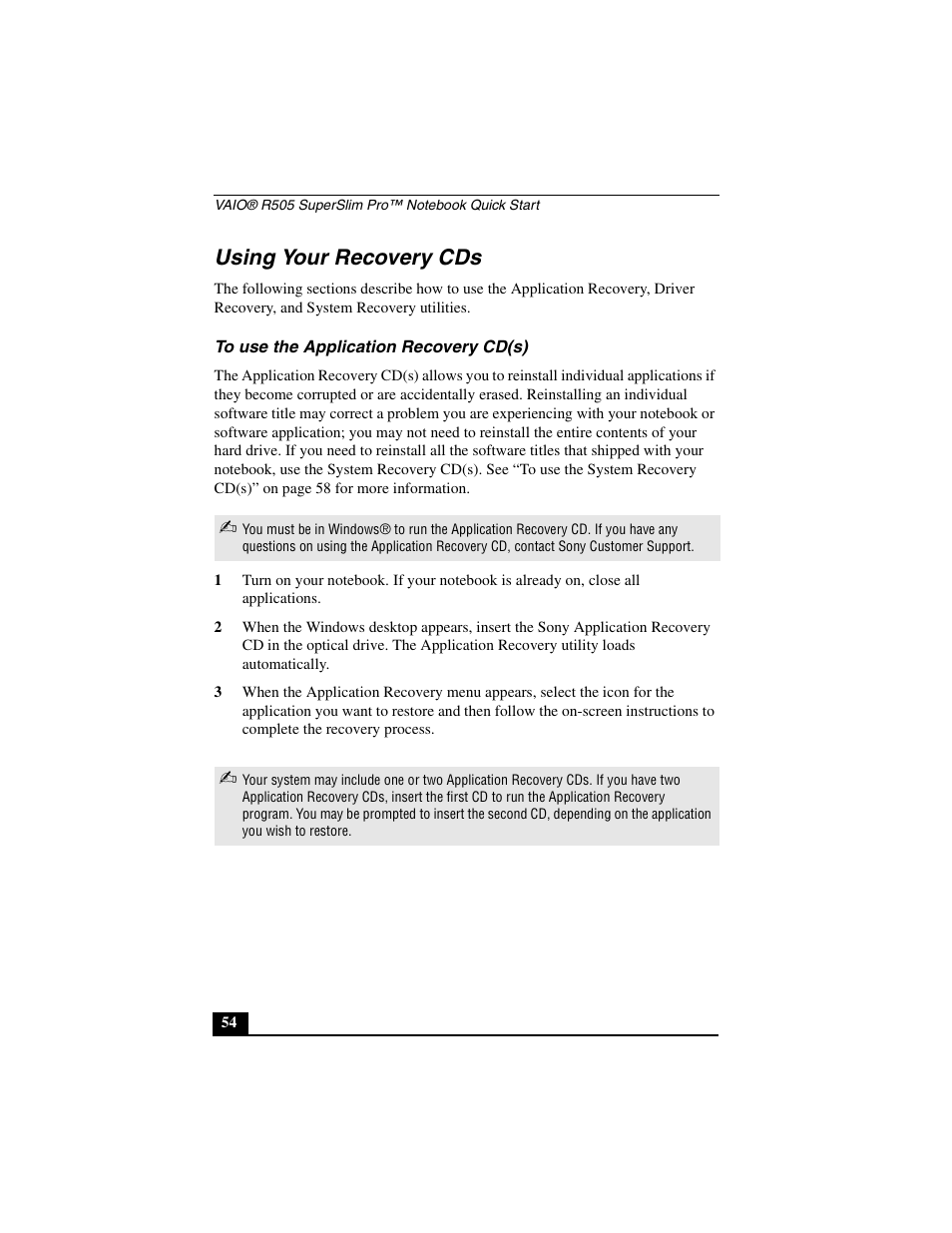 Using your recovery cds, To use the application recovery cd(s) | Sony PCG-R505JL User Manual | Page 54 / 86