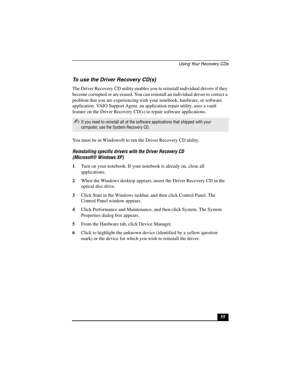 To use the driver recovery cd(s) | Sony PCG-R505JL User Manual | Page 55 / 86