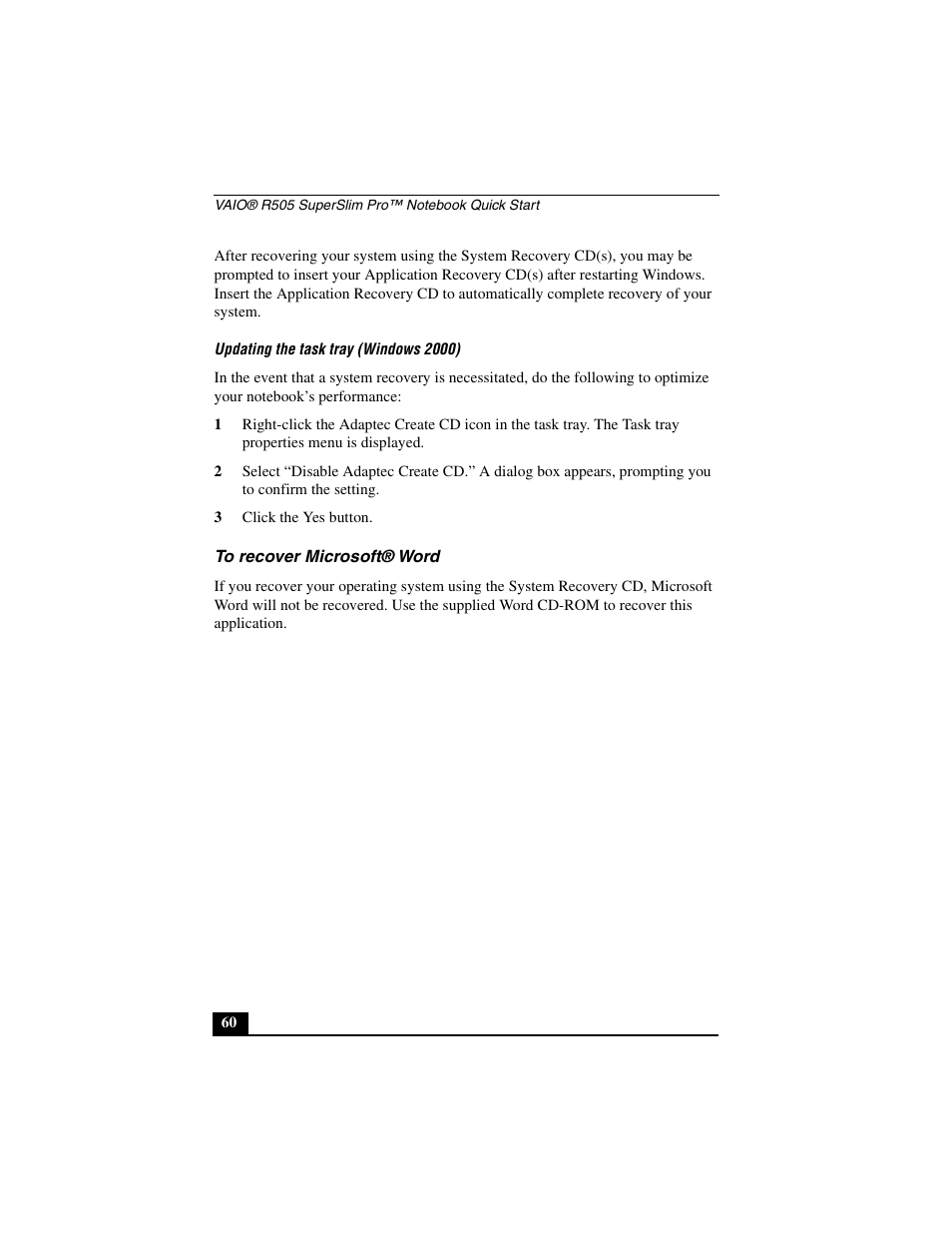 Updating the task tray (windows 2000), To recover microsoft® word | Sony PCG-R505JL User Manual | Page 60 / 86