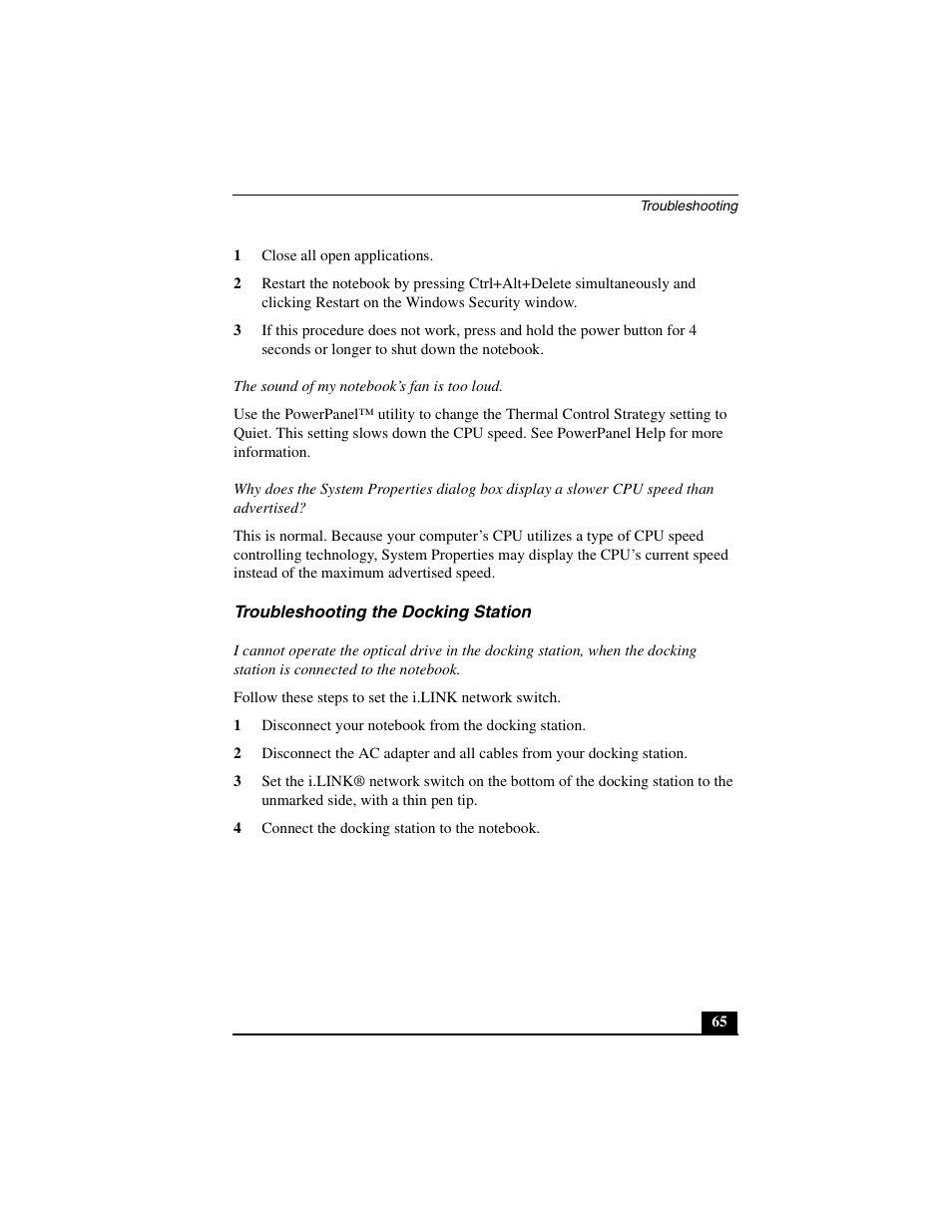 Troubleshooting the docking station | Sony PCG-R505JL User Manual | Page 65 / 86