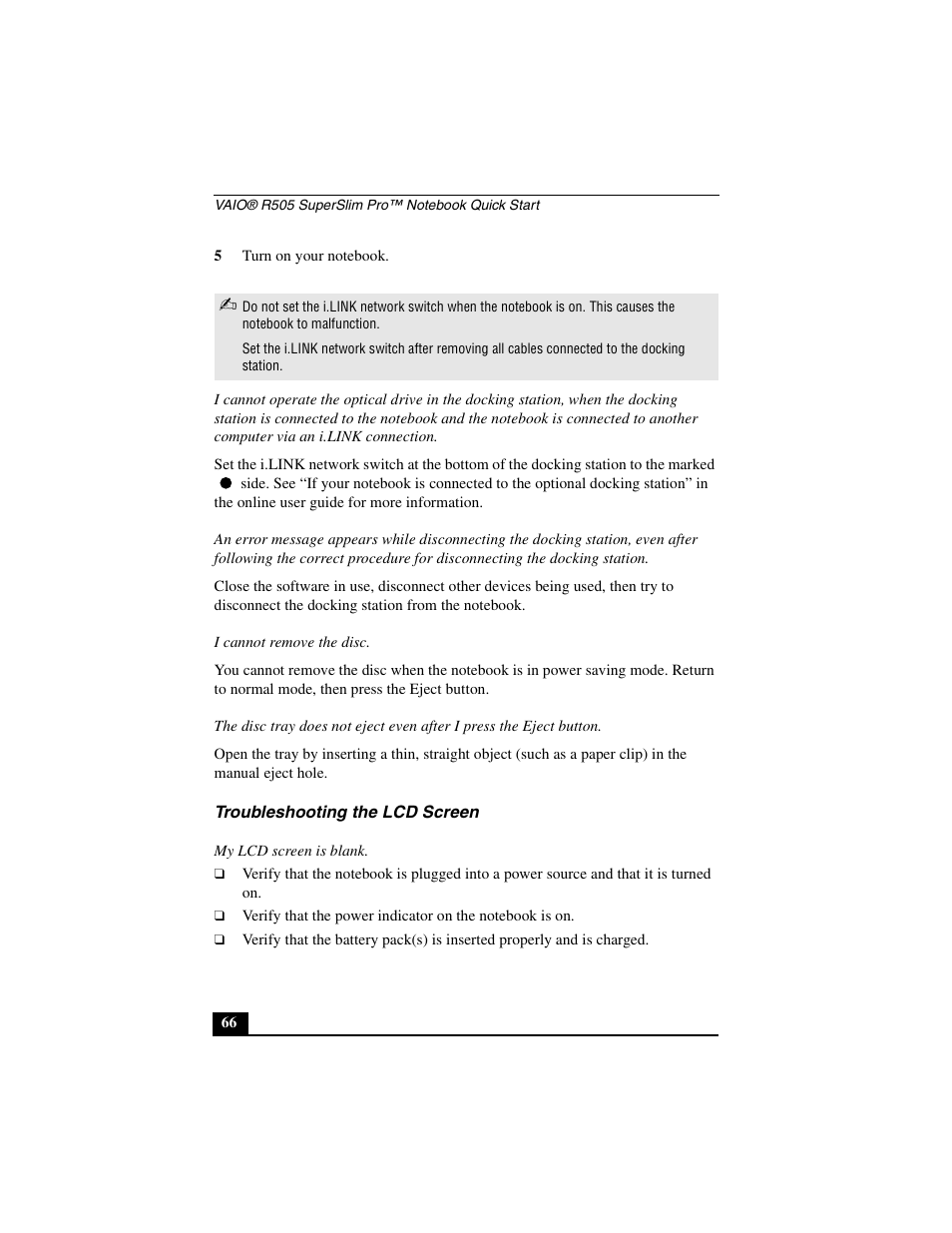 Troubleshooting the lcd screen | Sony PCG-R505JL User Manual | Page 66 / 86