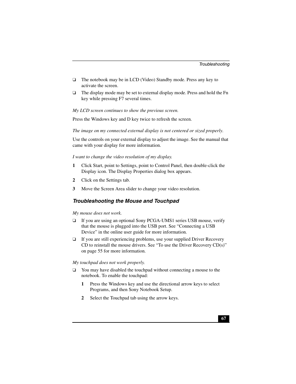 Troubleshooting the mouse and touchpad | Sony PCG-R505JL User Manual | Page 67 / 86