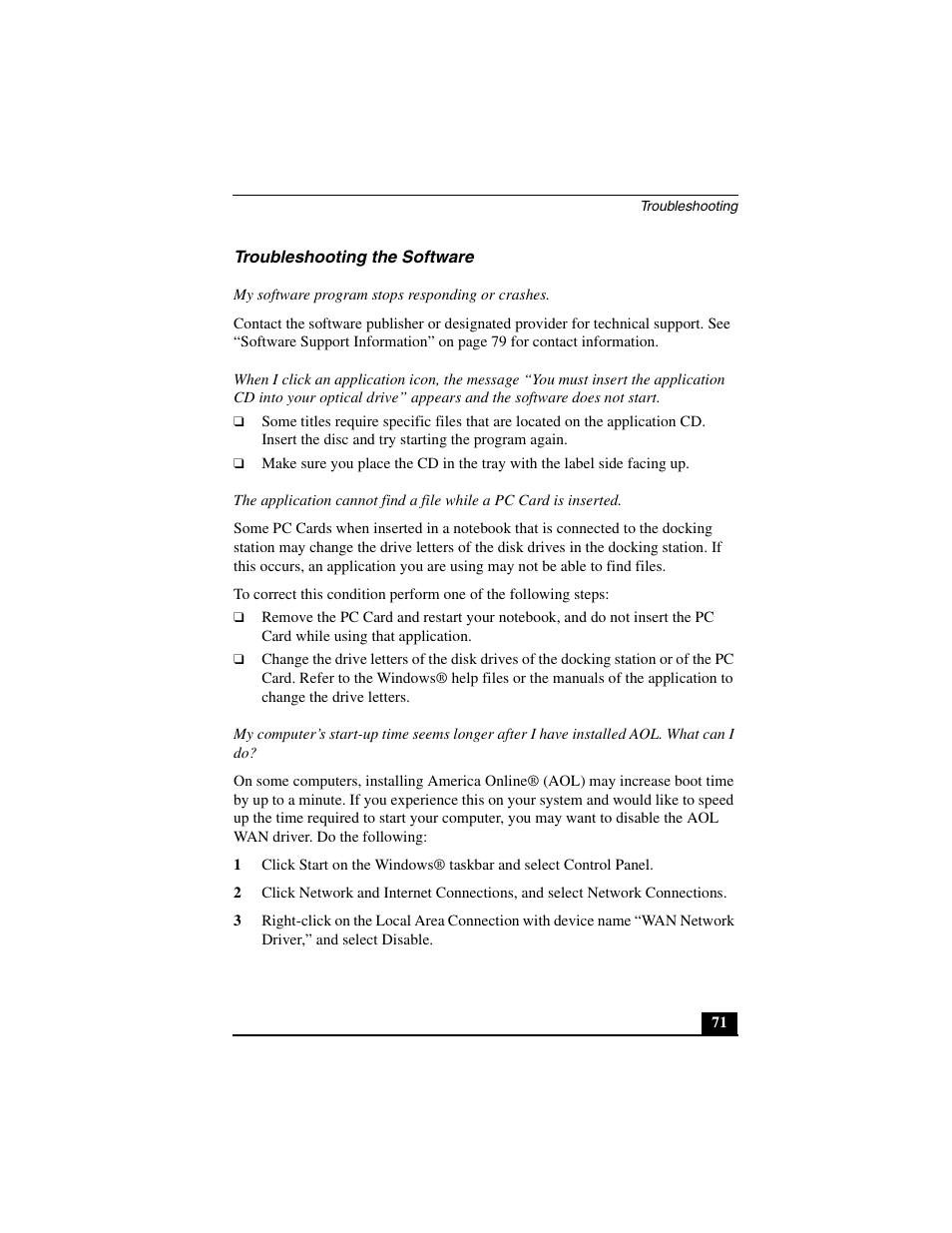 Troubleshooting the software | Sony PCG-R505JL User Manual | Page 71 / 86