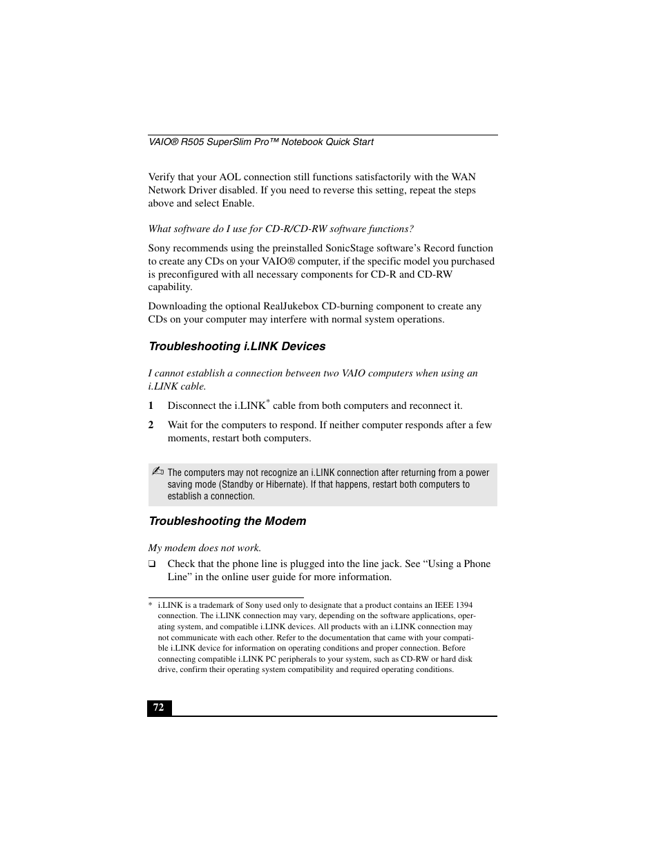 Troubleshooting i.link devices, Troubleshooting the modem | Sony PCG-R505JL User Manual | Page 72 / 86