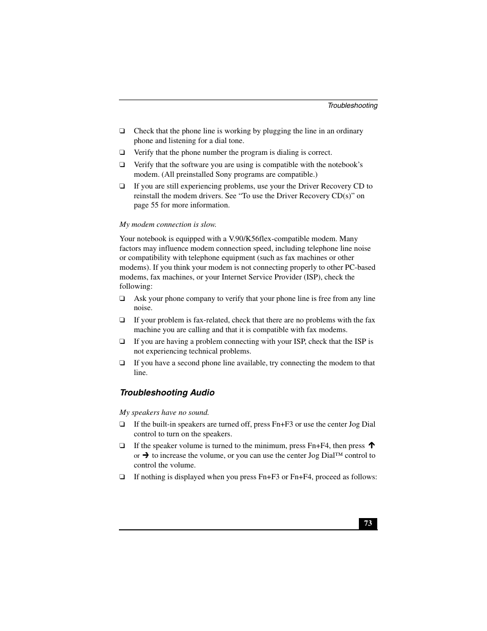 Troubleshooting audio | Sony PCG-R505JL User Manual | Page 73 / 86