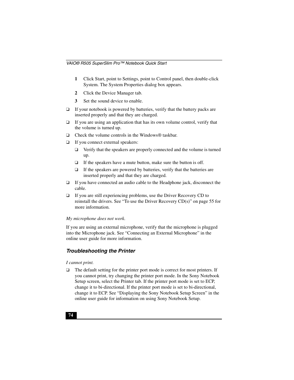 Troubleshooting the printer | Sony PCG-R505JL User Manual | Page 74 / 86