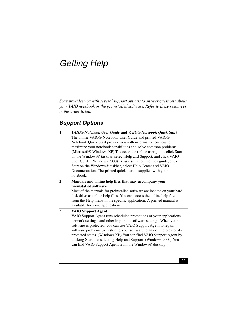 Support options, Getting help | Sony PCG-R505JL User Manual | Page 77 / 86