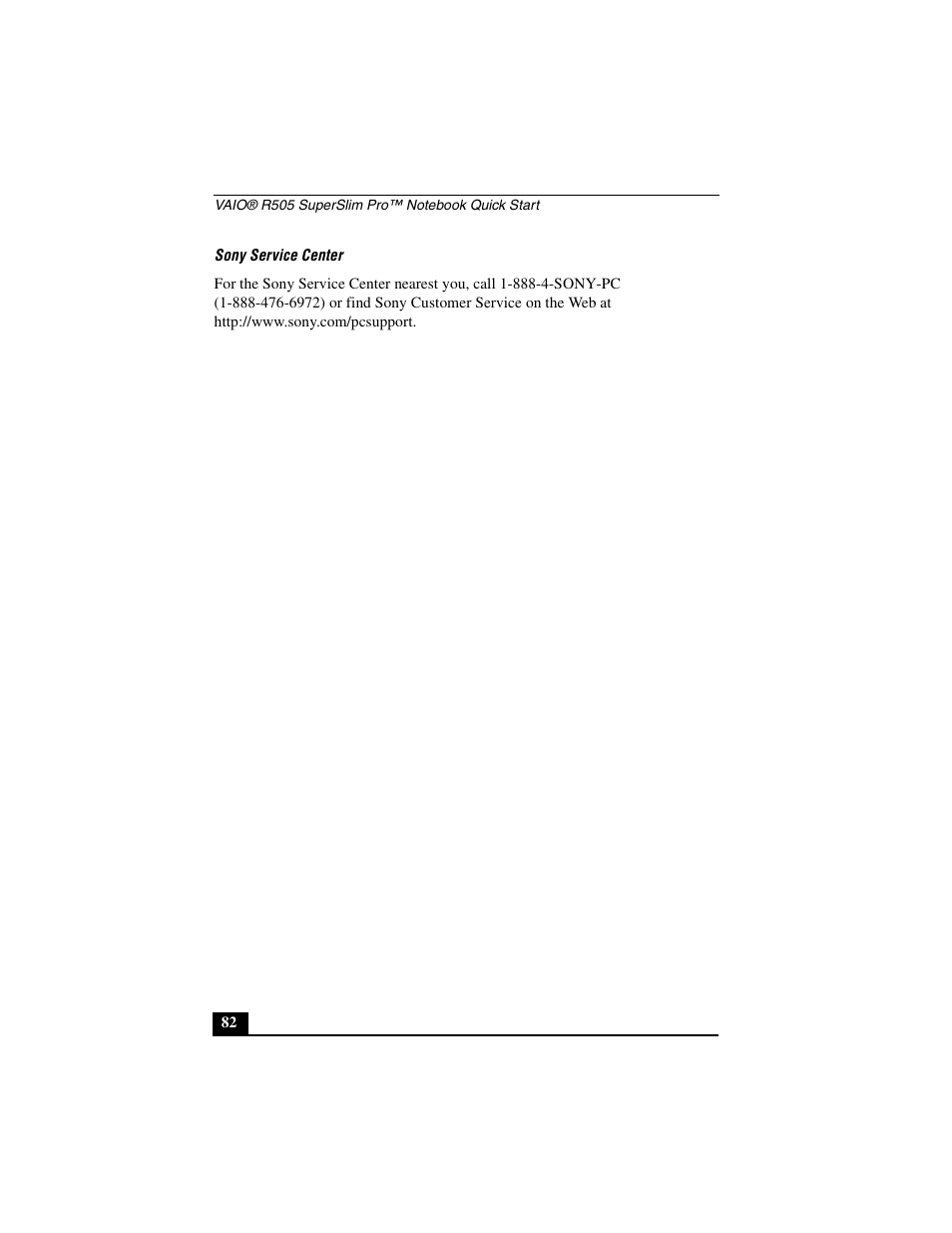 Sony service center | Sony PCG-R505JL User Manual | Page 82 / 86