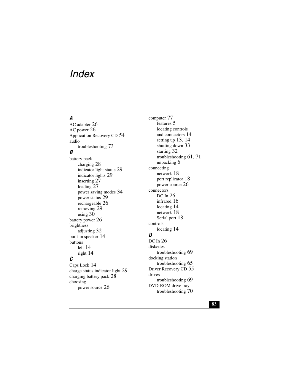 Index | Sony PCG-R505JL User Manual | Page 83 / 86