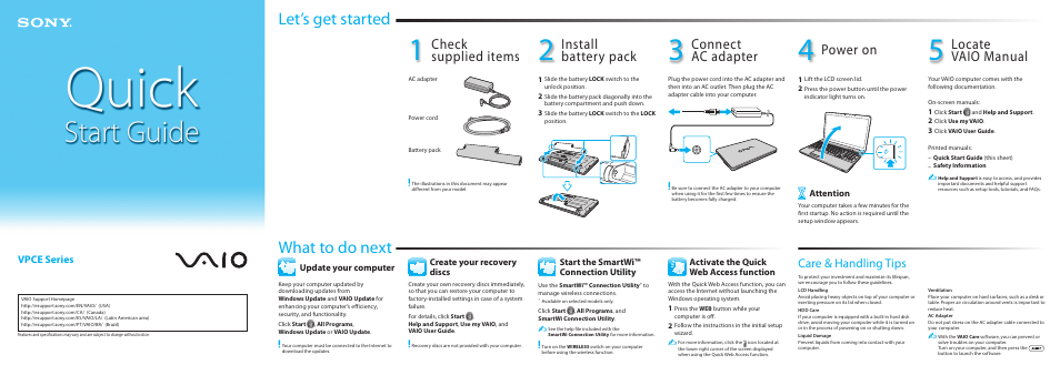 What to do next let’s get started, Install battery pack, Check supplied items | Connect ac adapter, Power on, Locate vaio manual, Care & handling tips, Vpce series | Sony VAIO VPCE Series User Manual | Page 2 / 2