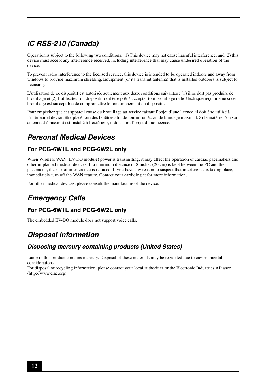 Ic rss-210 (canada), Personal medical devices, Emergency calls | Disposal information | Sony VGN-SZ740EC User Manual | Page 12 / 28