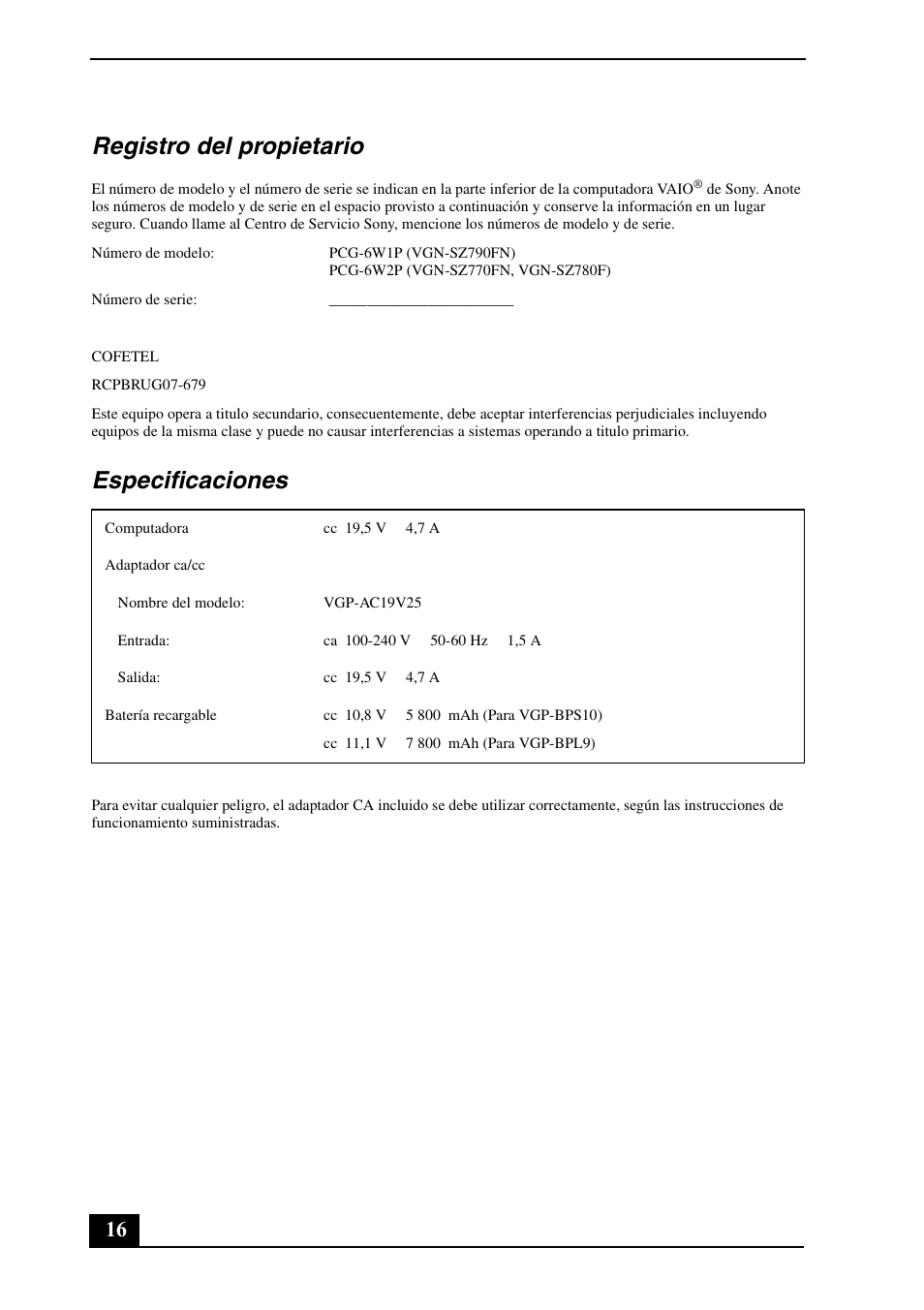 Registro del propietario, Especificaciones | Sony VGN-SZ740EC User Manual | Page 16 / 28