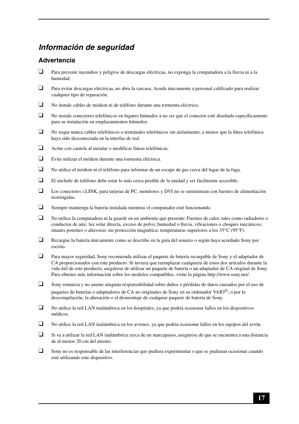 Información de seguridad | Sony VGN-SZ740EC User Manual | Page 17 / 28